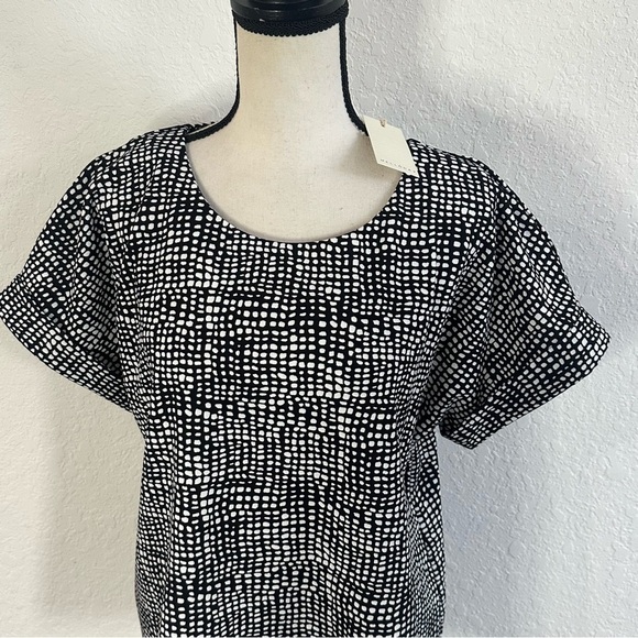 MELLODAY Black White Printed Boxy Blouse Cuff Sleeve Medium NWT Business Office - Picture 2 of 10